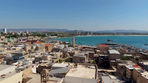 Aerial video over the old city of Acre in northern Israel