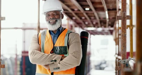Building engineer, architect and construction worker with a black man standing arms crossed