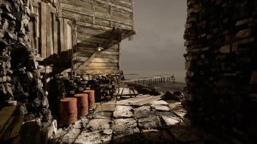 Abandoned Alleyway Near the Seaside with Worn Wooden Structures and Barrels