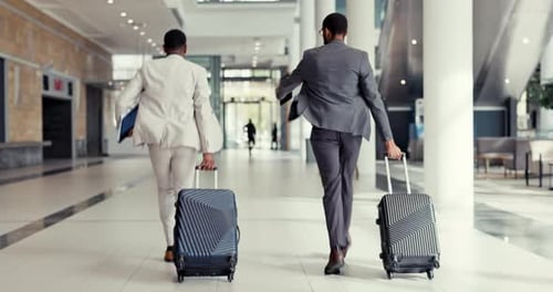 Airport luggage, business people or running late for travel journey, transportation mistake