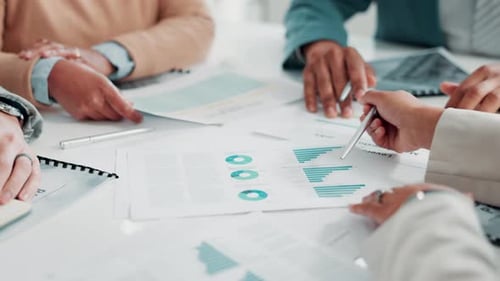 Business people, hands and meeting with paperwork for analytics, corporate growth