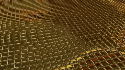 Luxury Background with a Floating Field of Gold Cubes, Figures, 3D Render, Reflection, Exclusive