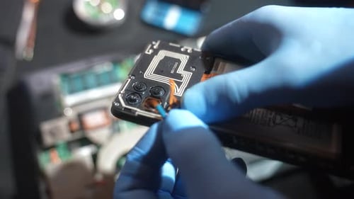 Techniker repariert Smartphone-Mikrochips mit Präzisionswerkzeugen