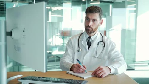 man doctor working in office at desk in modern hospital clinic. Uses pc, writes a prescription