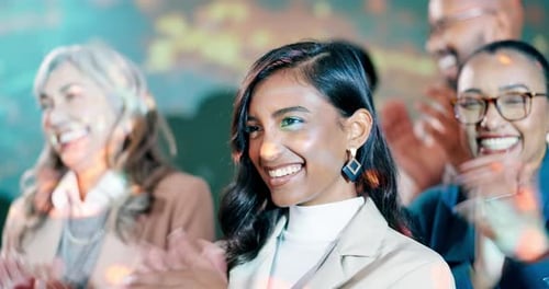 People, applause and happiness at business summit as audience, guest or team for panel discussion