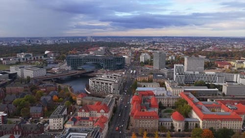 Tripod Aerial View of Berlin's City Center Featuring Hauptbahnhof Main Train Station Modern