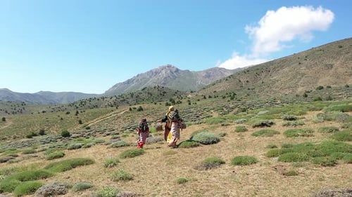 Vue aérienne de femmes et de filles vêtues de vêtements traditionnels sur la montagne 2