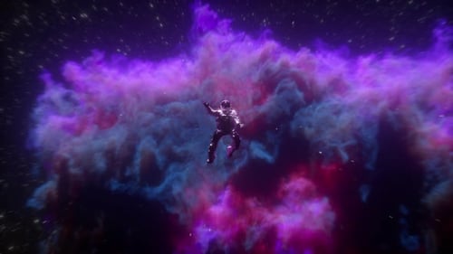 Astronaute flottant dans l'espace. Astronaute seul perdu dans l'univers sur fond bleu et violet