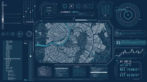 Écran d'interface high-tech animé avec un plan de la ville