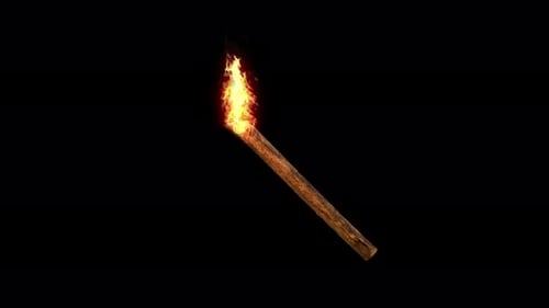 Burning Wooden Torch with Realistic Fire on Black Background