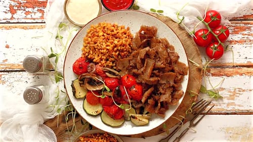 Overhead Shot of Shawarma Dish with Grilled Vegetables