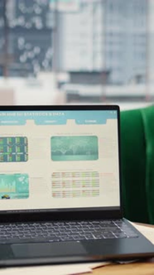 Vertical Video High Tech Device Showcasing Infographics and Business Data in Empty Office