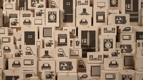 Household Appliances and Electronic Devices in Cardboard Boxes in Warehouse