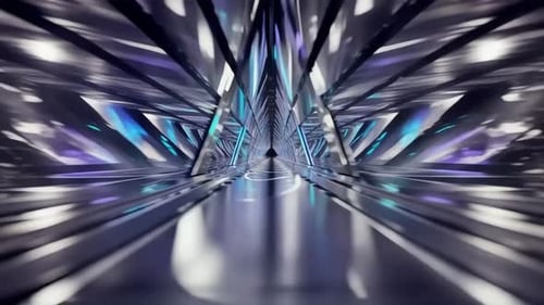 Futuristic Reflective Metal Tunnel with Blue Neon Lights