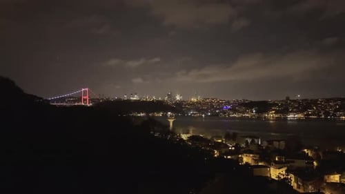 ships, ferries, lights, islands, bridges, waves on the Bosphorus and in the sea in Istanbul at night