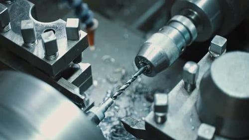 Metal Lathe Drills Into Steel In Workshop