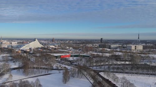 Latvia, Riga Winter Aerial View of City Skyline, Ferris Wheel, Riga Castle, Old Town Daugava River