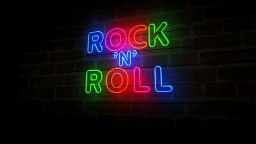 Rock-n-roll music neon on brick wall 3d