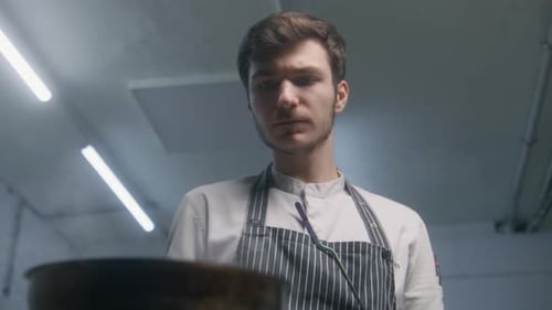 Young Chef Cooking in Professional Kitchen
