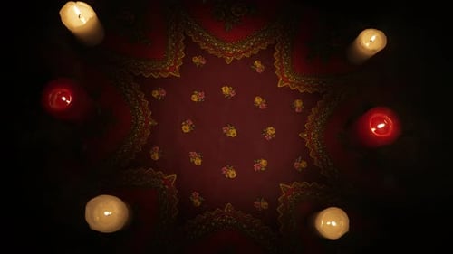 Top View of an Empty Fortune Teller Table with Ethnic Tablecloth and Many Lighted Candles White
