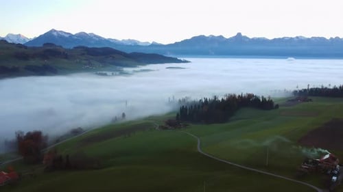 Vue Cinématographique prise par un drone d'un environnement naturel dans le brouillard