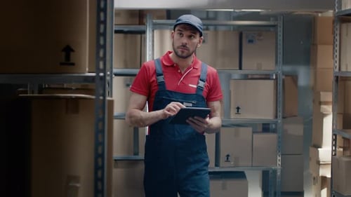 Warehouse Worker Uses Digital Tablet For Checking Stock, On the Shelves Standing Cardboard Boxes.