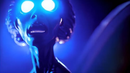 Un
extraterrestre bleu psychédélique crie. Créature OVNI effrayante aux yeux fluo. Thriller : monstre humanoïde