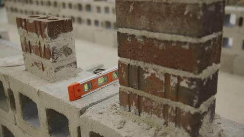 Trade school masonry work establishing shot