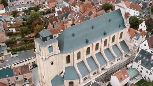 Aerial view of Mechelen city, Belgium. Orbiting shot