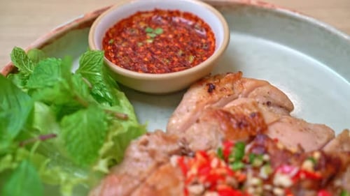 Delicious Grilled Chicken Garnished with Peppers and Lettuce