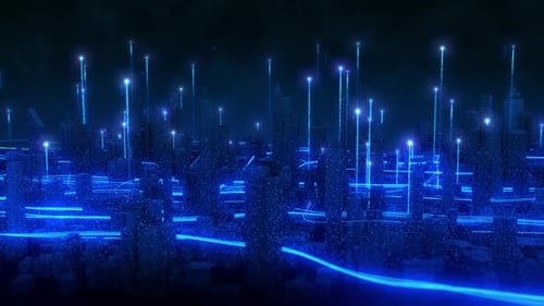 4K Big data communication in a smart city network connection with glowing technology lines