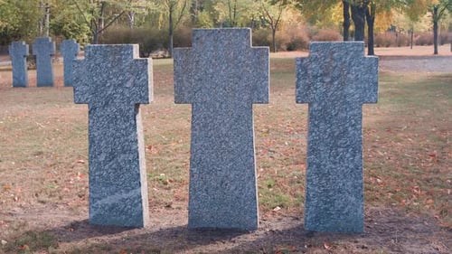 Stone tombstones in the German cemetery in the fall. Beautiful German cemetery near Kyiv.
