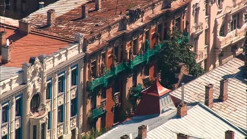 zoomed street view from above in the Riga city with art nouveau buildings