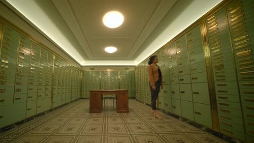 Businesswoman Entering Bank Safe Vault Room Storing Silver Bullion Deposit