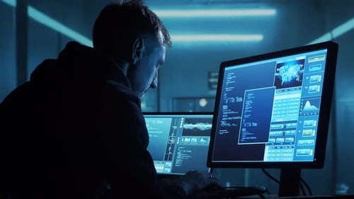 Person Coding at Computers in Dark Room