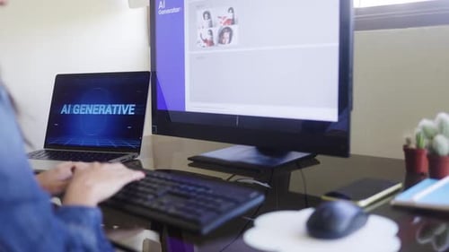 Appli AI Generative. Femme d'affaires créant des images avec une technologie logicielle d'intelligence artificielle.