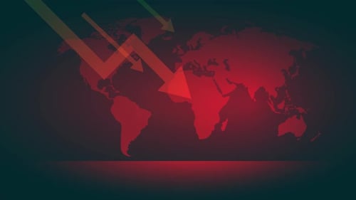 red banner graphic with world map, world economic crisis 4k animation