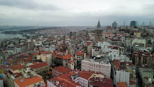 Istabul city fly-by of the Galata tower