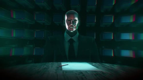 Futuristic Android in Corporate Setting with Glitch Effect