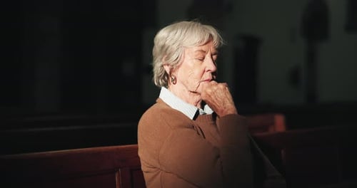 Peace, prayer and senior woman in church with faith, gratitude and spiritual connection to God