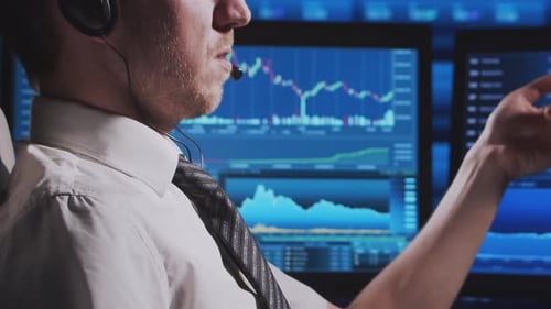 Trader Works in Office Using Workstation and Analysis Technology Workplace of Professional Crypto