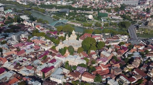 Aerial Top of Tbilisi City Showing Historic Churches and Narikala Fortress