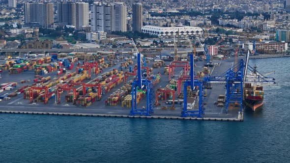 Container Terminal on Sea Port Area with Bridge Cranes, Vehicles Stock ...