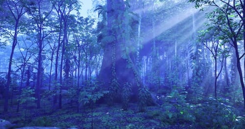 Une mystérieuse brume bleue enveloppe une forêt dense avec des arbres imposants et la lumière du soleil