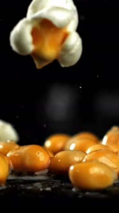 Las palomitas explotan en una sartén con un chorrito de aceite filmadas con una cámara de alta velocidad a 1000 fps