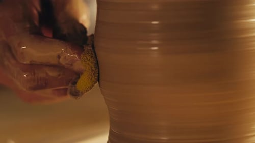 Woman Potter Works with Clay on Master Class in Studio Working Process in Ceramic Workshop Potter
