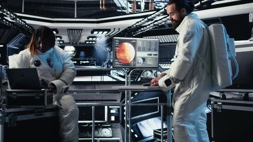 Astronauts Flying Together in Starship Exploring Mars