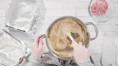Preparing Candy Cane Christmas Dessert Batter in Kitchen