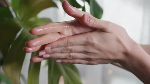 Light Skin Woman Scrubbing Moist Palms Beside Green Leaf in Soft Light
