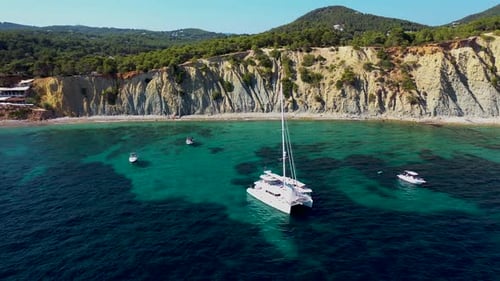 Aerial view of big motor yacht in Ibiza, Balearic Island, Spain.